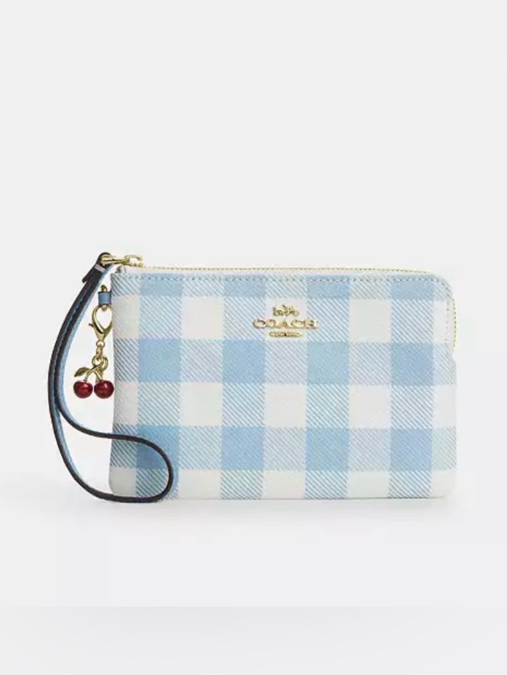 🩵🍒Coach Corner Zip Wristlet w/ Gingham Print & Cherry Charm Gold/Blue Multi NWT🍒